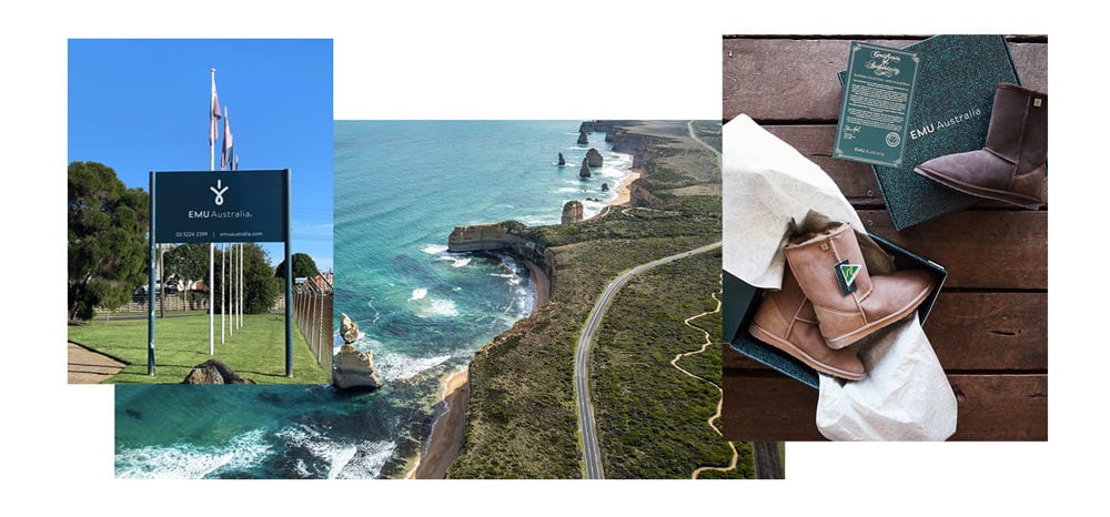 Collage of EMU Australia sign at HQ, Great Ocean Road coastline, EMU Australia sheepskin boots in EMU packaging