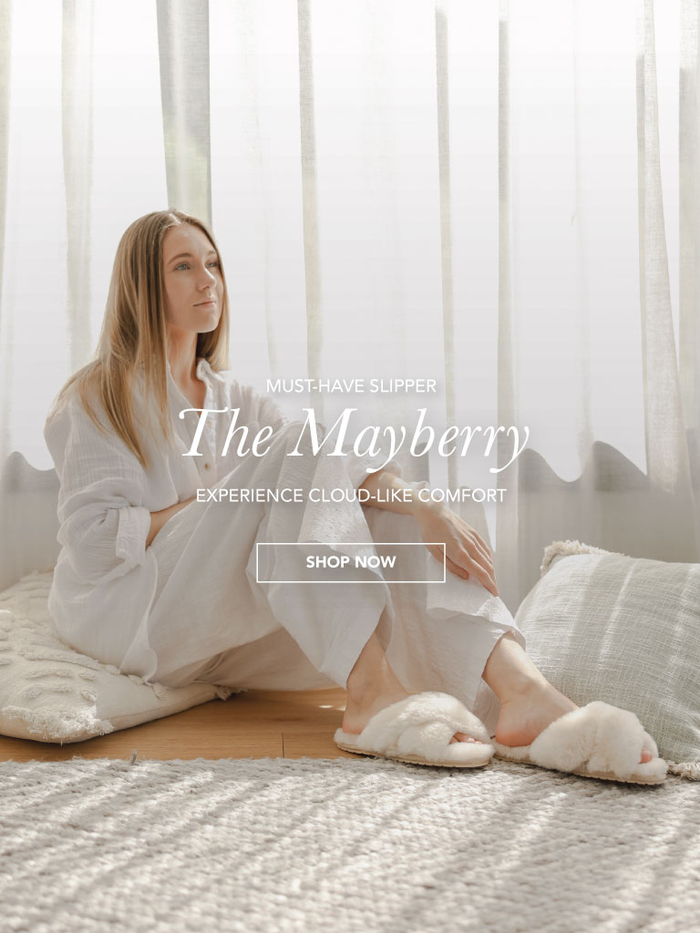 ADD ALT TEXT reads:Must-Have Slipper. The Mayberry. Experience cloud-like comfort. Shop Now.
