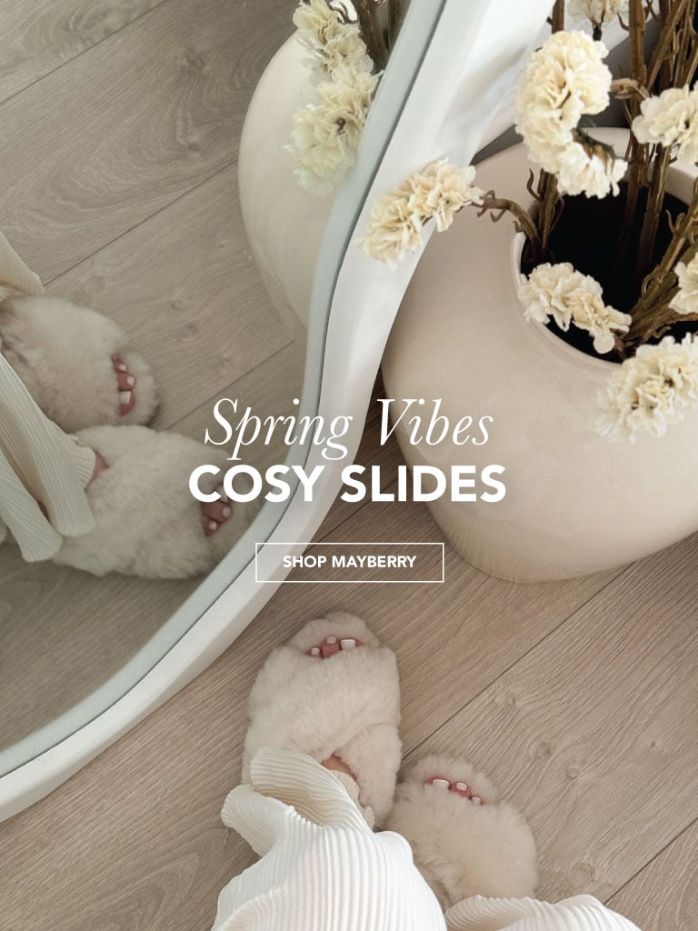 ADD ALT TEXT reads:Spring Vibes, Cosy Slides. Shop Mayberry.