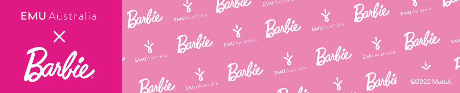 EMU Australia X BARBIE Collaboration banner. Pink background with white repeated 'EMU Australia' and 'Barbie' alternating logos.