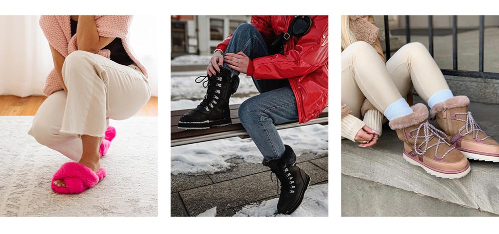 Woman wearing exclusive EMUxBarbie pink Mayberry slippers at home, woman wearing black lace-up waterproof boots in snow, woman wearing camel and blush lace-up boots in street