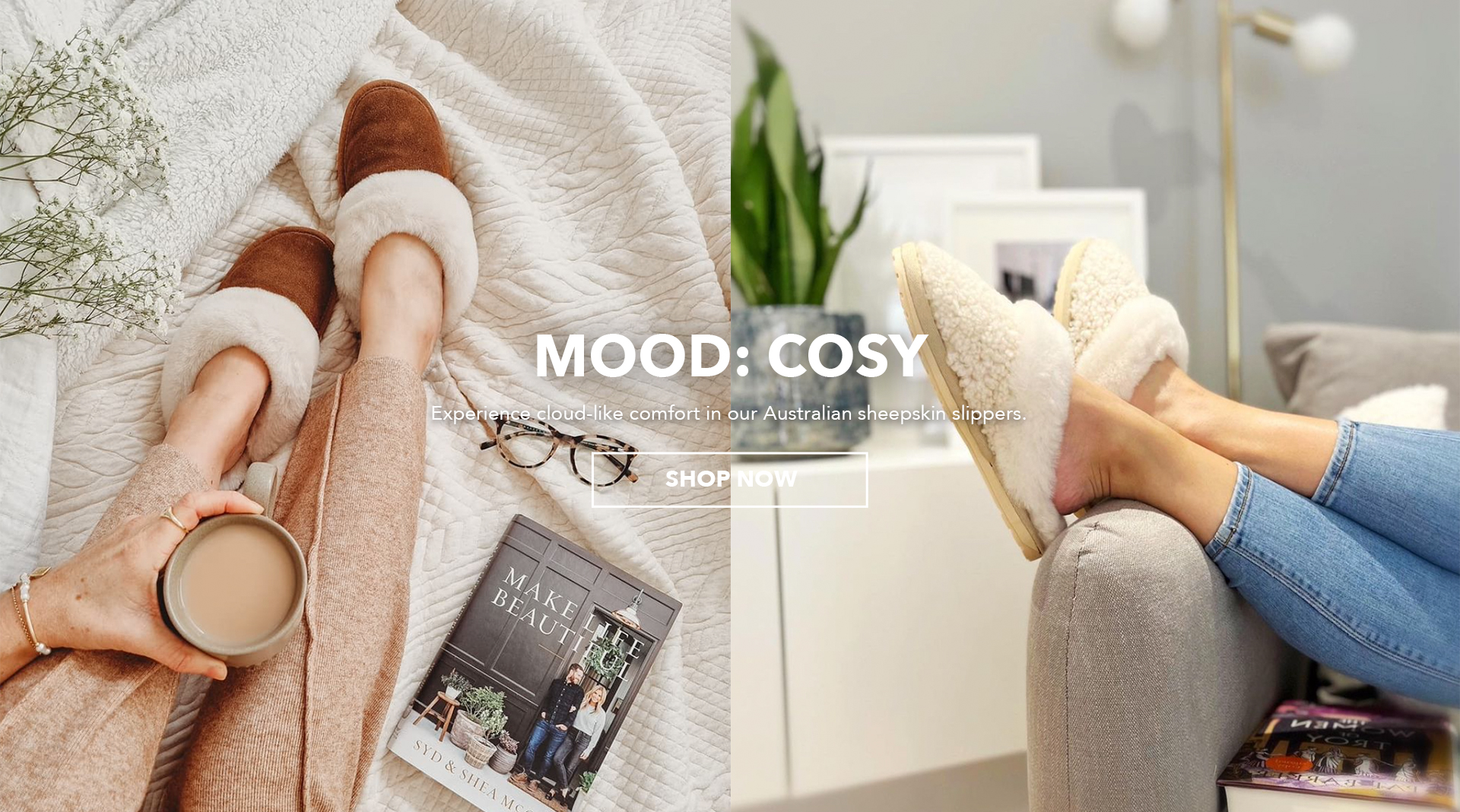 Two women wearing slippers in relaxed setting at home. MOOD: COSY, Experience cloud-like comfort in our Australian sheepskin slippers. Shop Now.