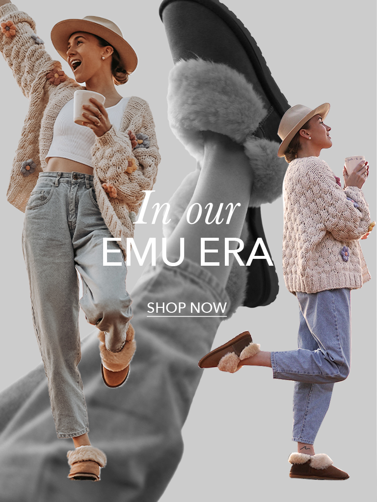 Collage of girl posing while wearing cosy jumper, denim jeans and sheepkin slippers. Text reads: In Our EMU Era. Shop Now.